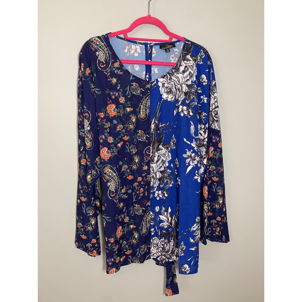 NEW Suzanne Betro Blouse Women 4X Blue Mixed Paisley Floral Tie Waist Top